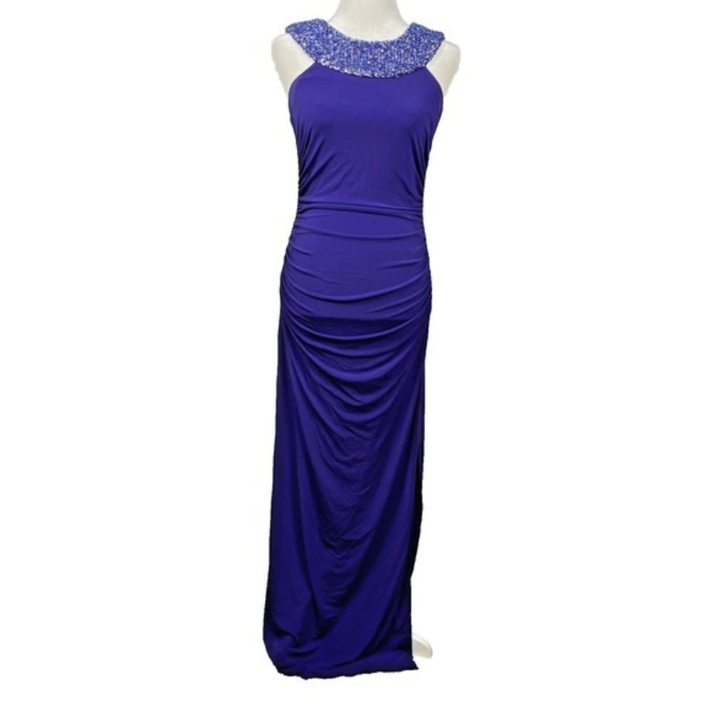 Maxi Dress Womens 4 Royal Blue Beaded Sequin Jeweled Neck HOCO‎ Formal Elegant